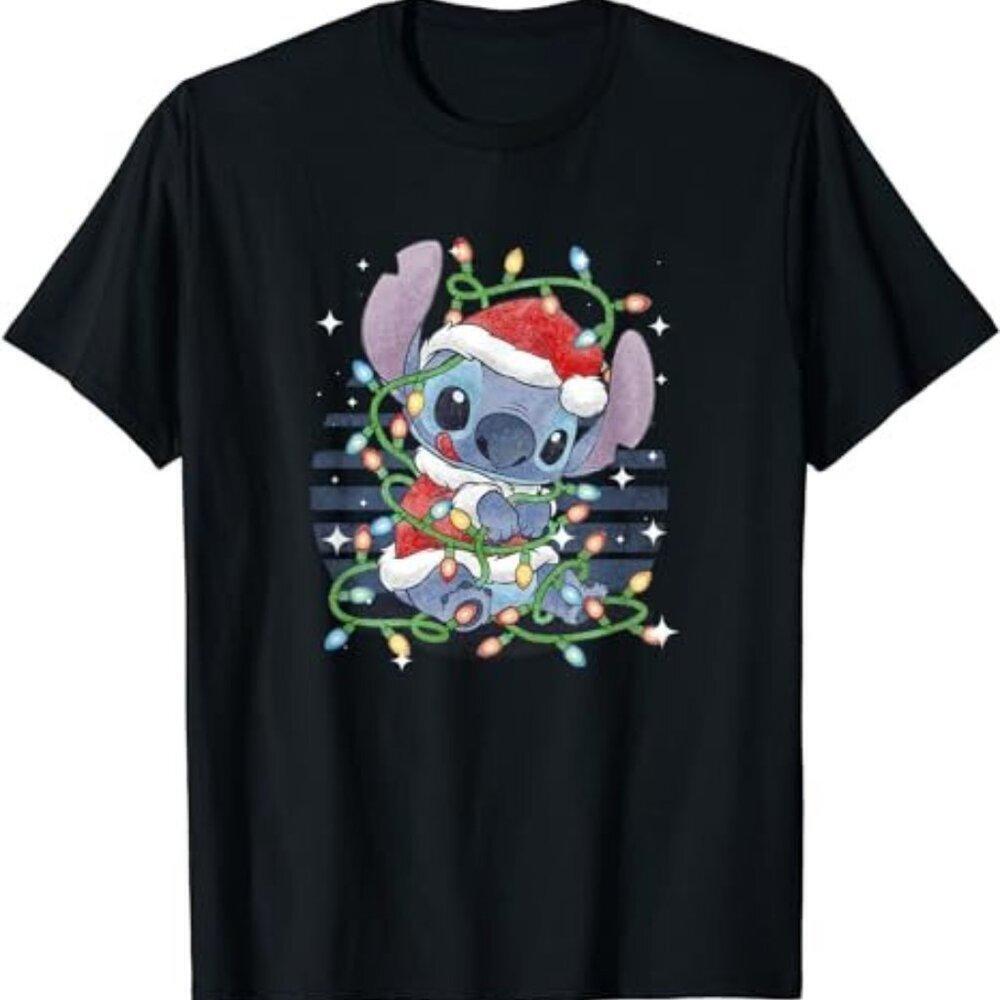 Disney Lilo Stitch Christmas Tangled Lights Graphic Tee Holiday Fan T-Shirt 17